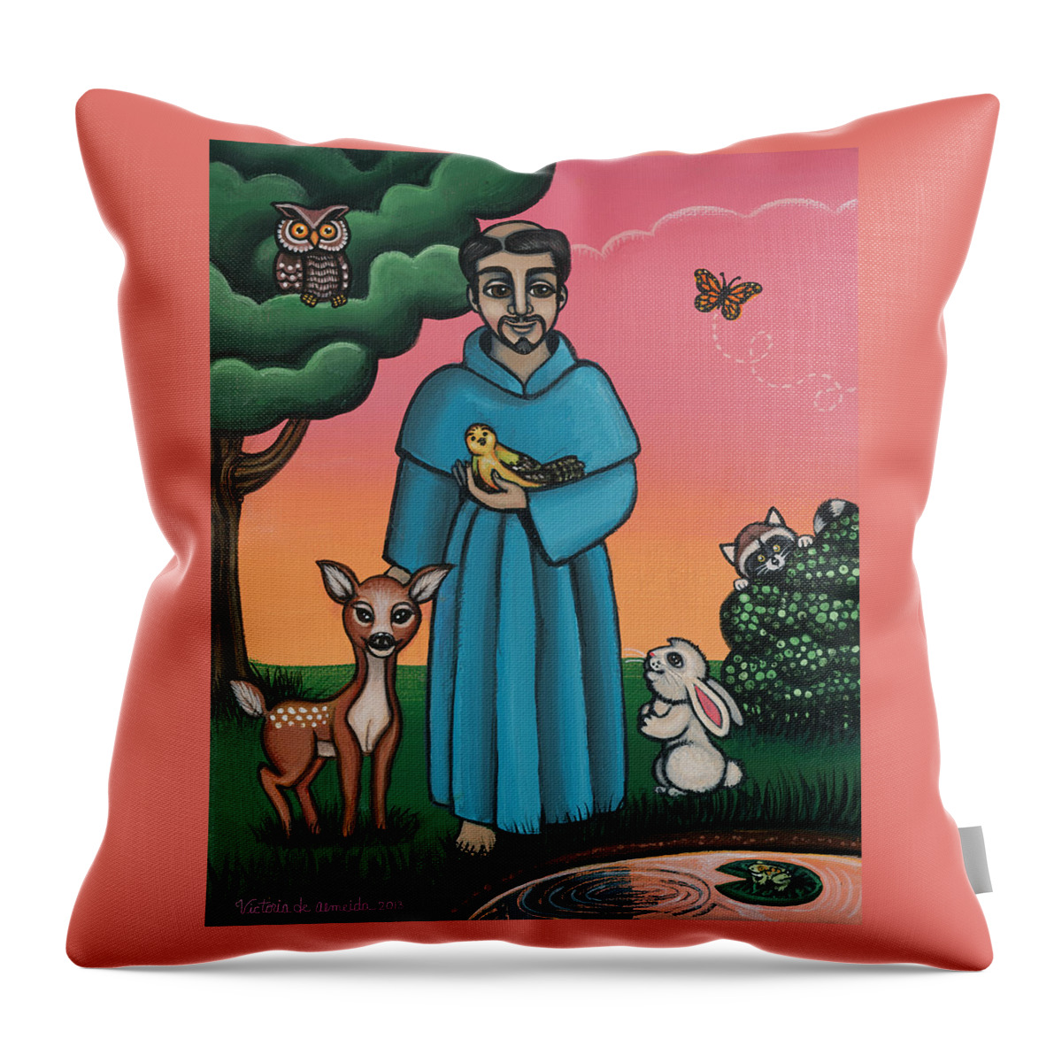 St. Francis Throw Pillow featuring the painting St. Francis Animal Saint by Victoria De Almeida