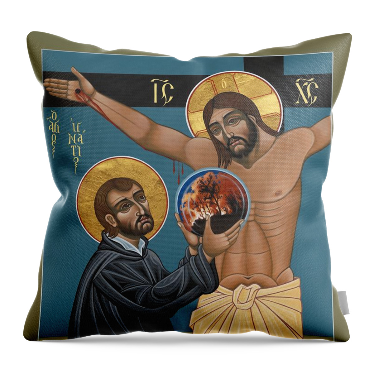 St. Ignatius And The Passion Of The World In The 21st Century Throw Pillow featuring the painting St. Ignatius and the Passion of the World in the 21st Century 194 by William Hart McNichols