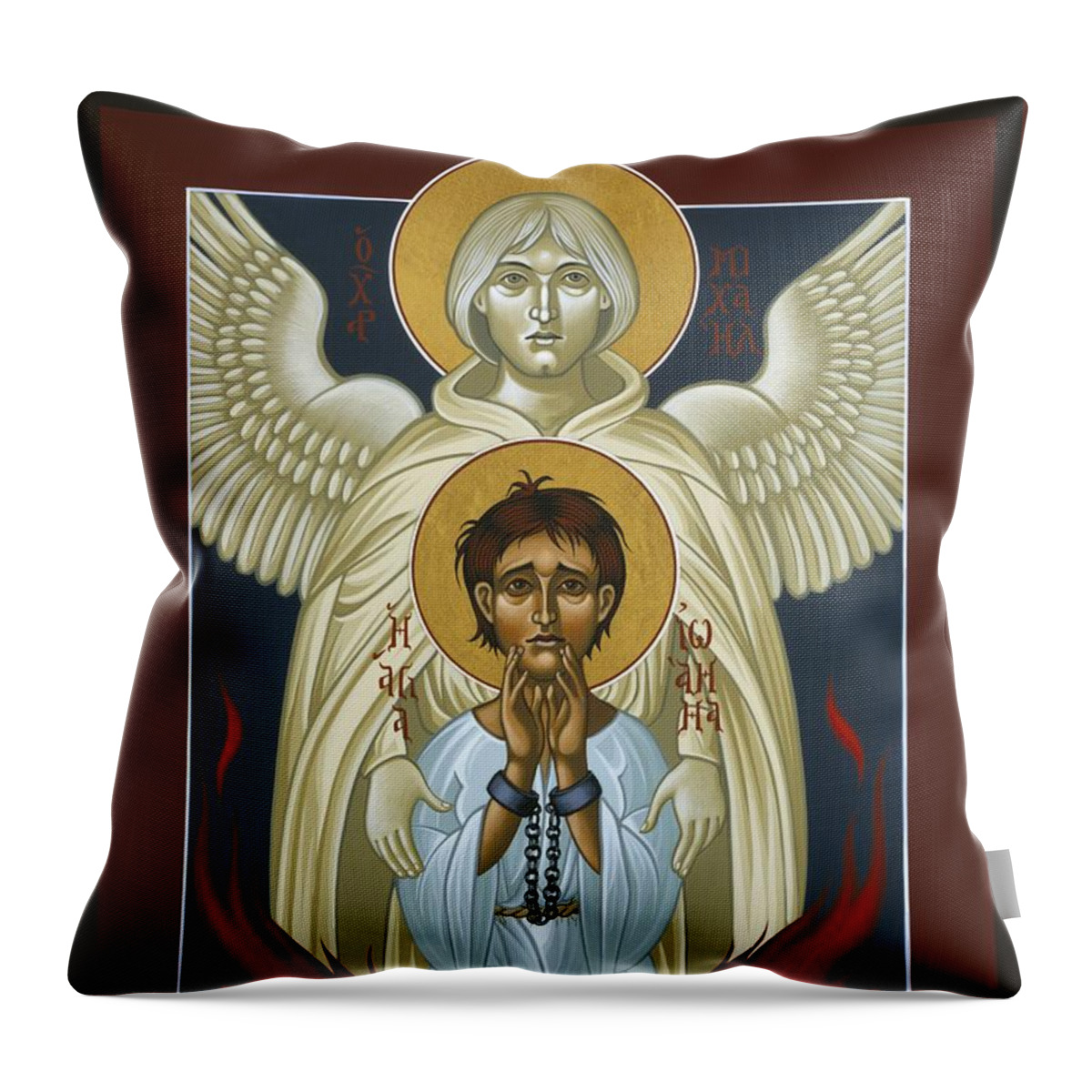 St. Joan Of Arc Throw Pillow featuring the painting St. Joan of Arc with St. Michael the Archangel 042 by William Hart McNichols