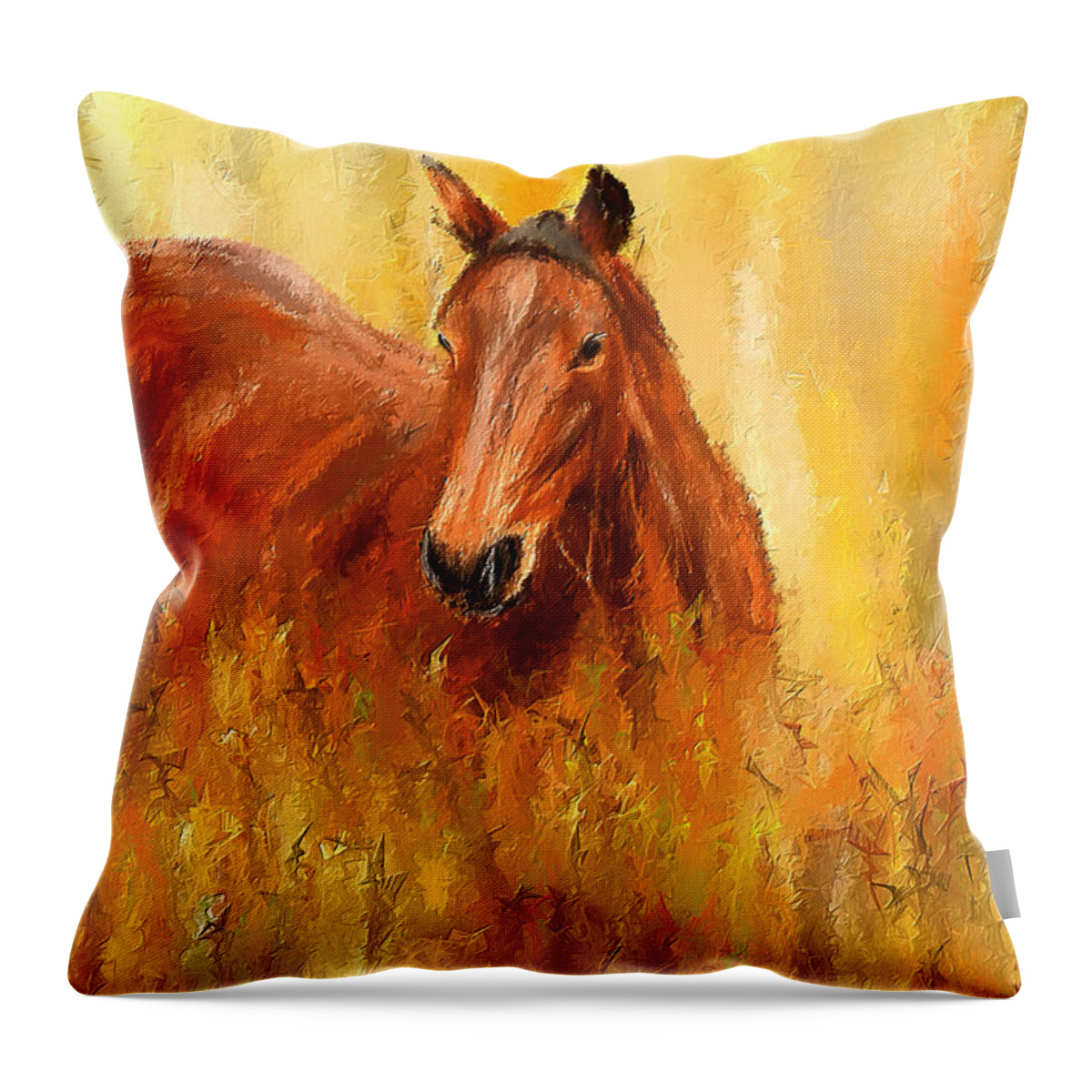 Bay Horse Paintings Throw Pillow featuring the painting Stallion in Autumn - Bay Horse Paintings by Lourry Legarde
