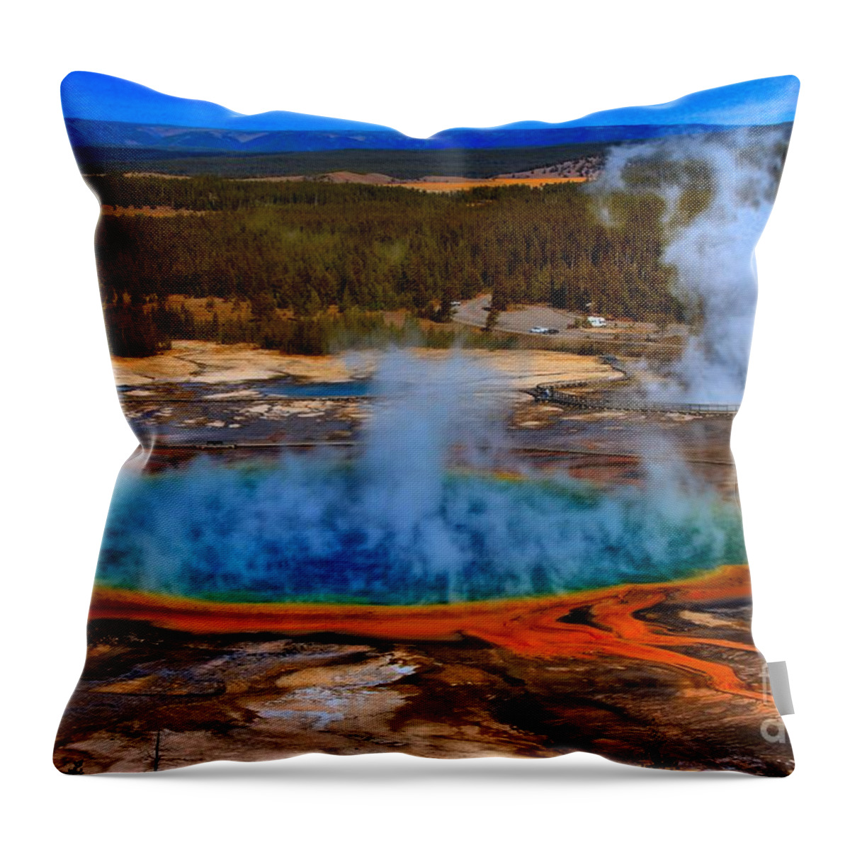Grand Prismatic Spring Throw Pillow featuring the photograph Steaming Rainbow by Adam Jewell