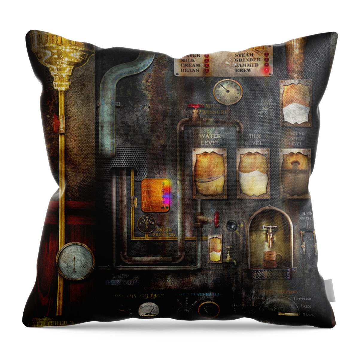 Steampunk Throw Pillow featuring the digital art Steampunk - All that for a cup of coffee by Mike Savad