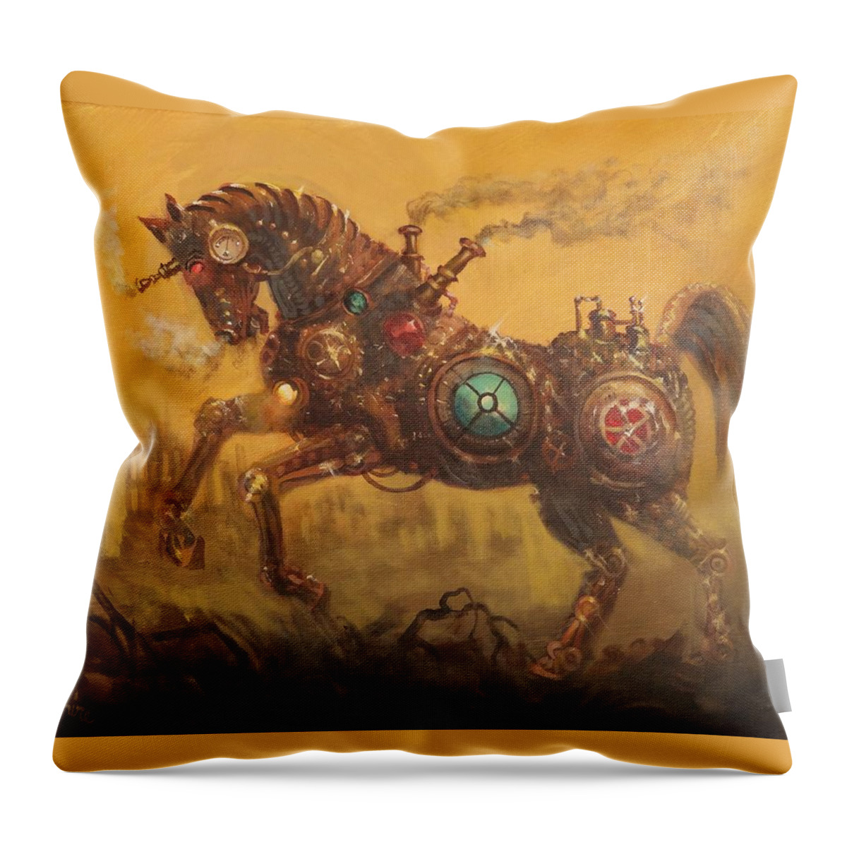Steampunk Throw Pillow featuring the painting Steampunk War Horse by Tom Shropshire