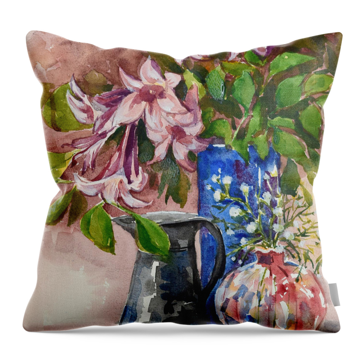 Pink Flowers Throw Pillow featuring the painting Asian Pink Lilies by Jyotika Shroff