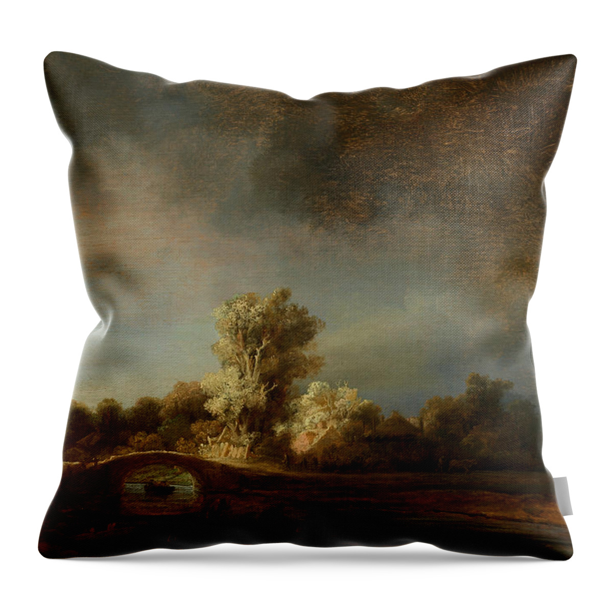 Stone Bridge Throw Pillow featuring the painting Stone Bridge by Rembrandt