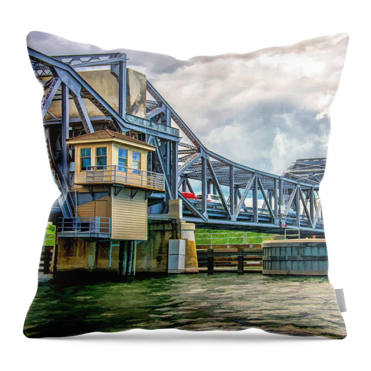 Door County Throw Pillow featuring the painting Sturgeon Bay Historic Michigan Street Bridge in Door County by Christopher Arndt