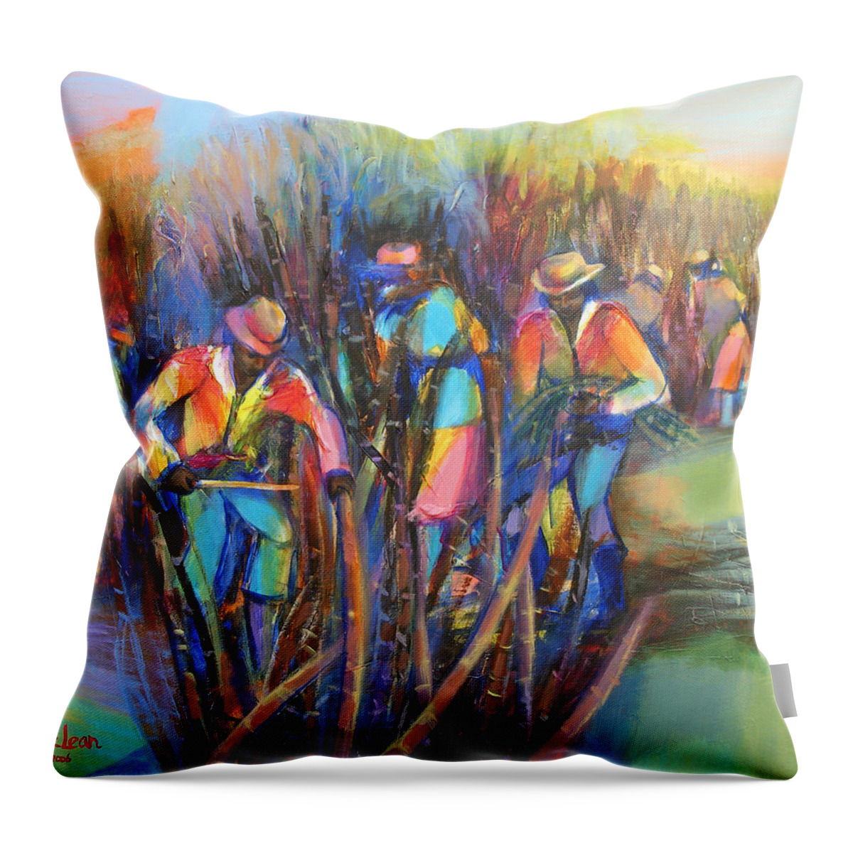 Abstract Throw Pillow featuring the painting Sugar Cane Harvest by Cynthia McLean