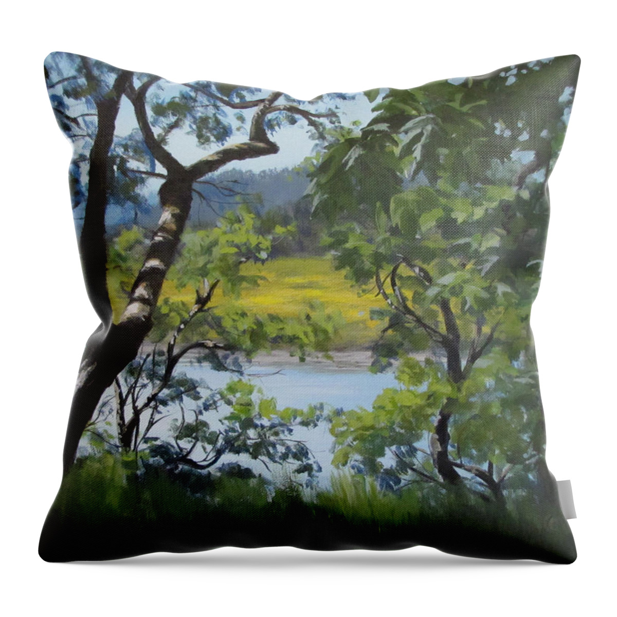 Summer Throw Pillow featuring the painting Sunny River by Karen Ilari