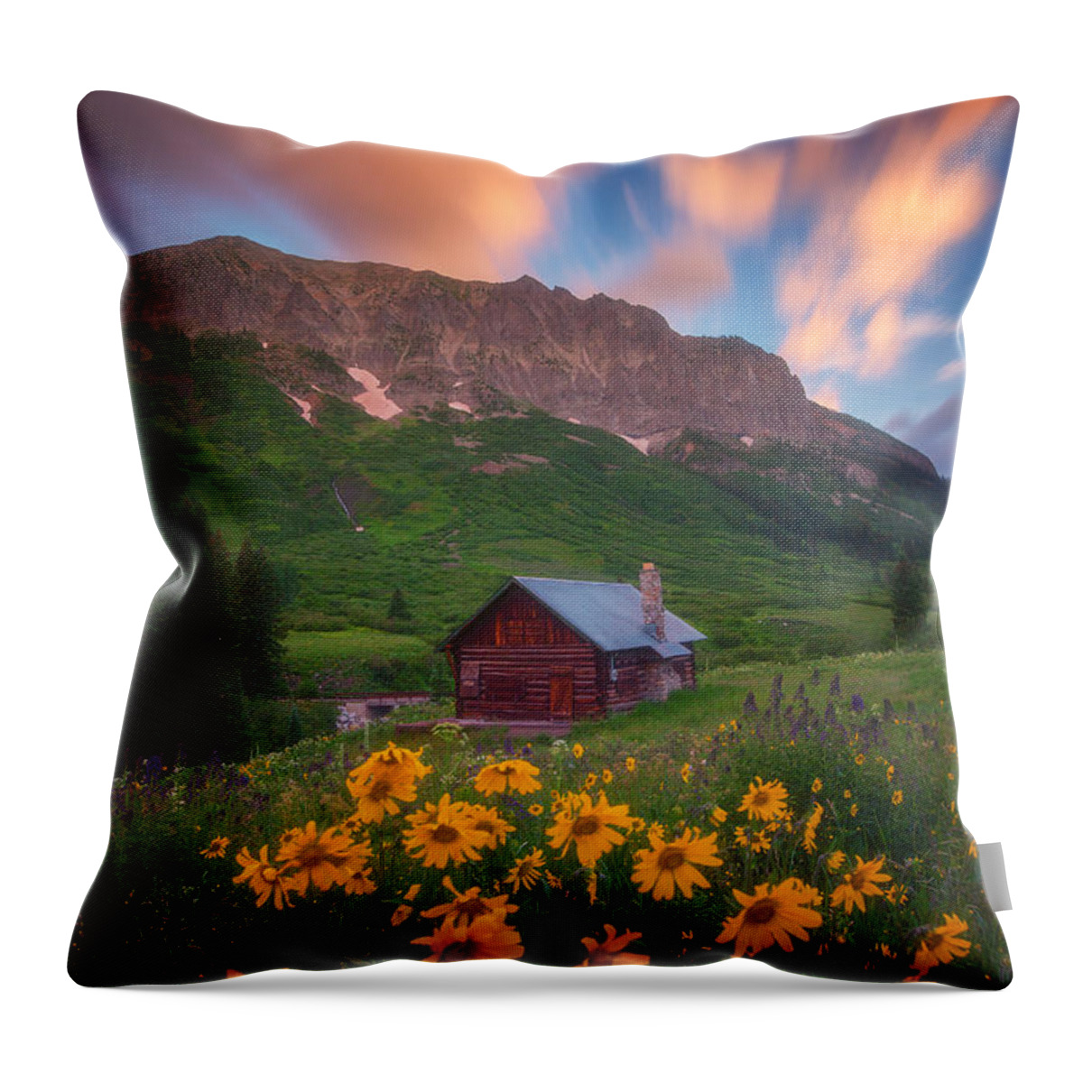 Sunrise Throw Pillow featuring the photograph Sunrise Cabin by Darren White