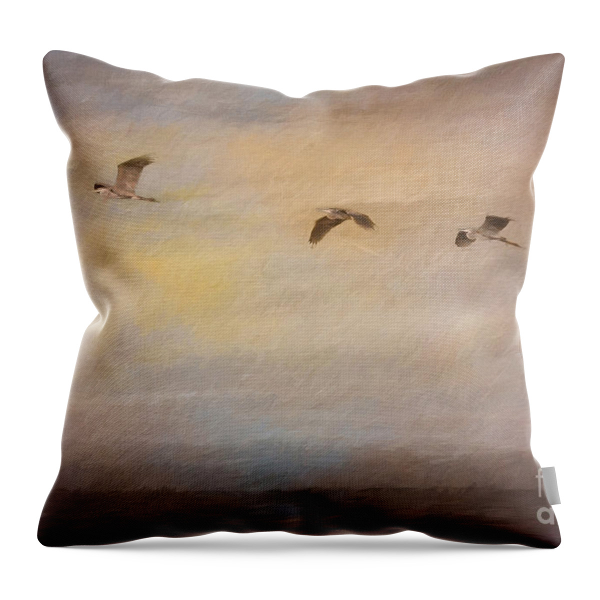 Great Blue Herons Throw Pillow featuring the digital art Sunset Flight by Jayne Carney