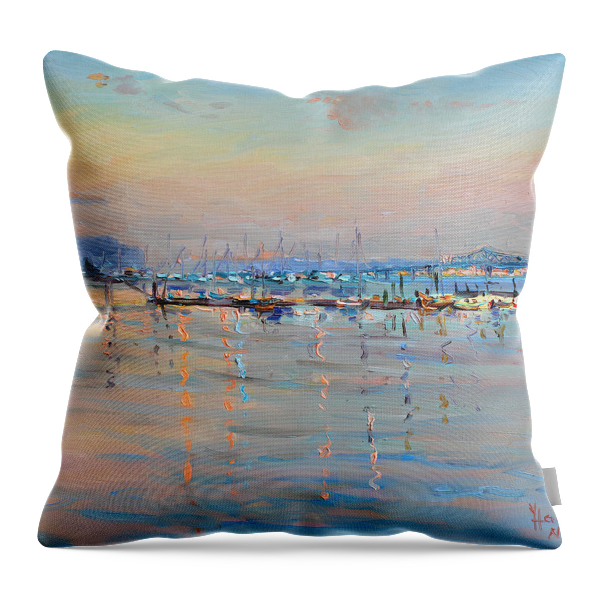 Seascape Throw Pillow featuring the painting Sunset in Piermont Harbor NY by Ylli Haruni