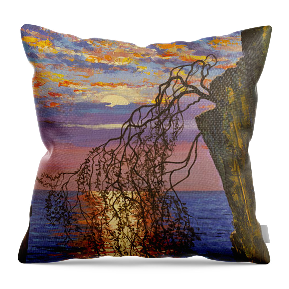 Sunset Throw Pillow featuring the painting Sunset on cliff by Vrindavan Das