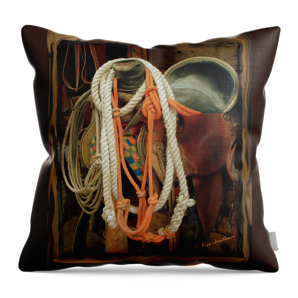 Saddle Throw Pillow featuring the mixed media Tack Room Beauty by Kae Cheatham