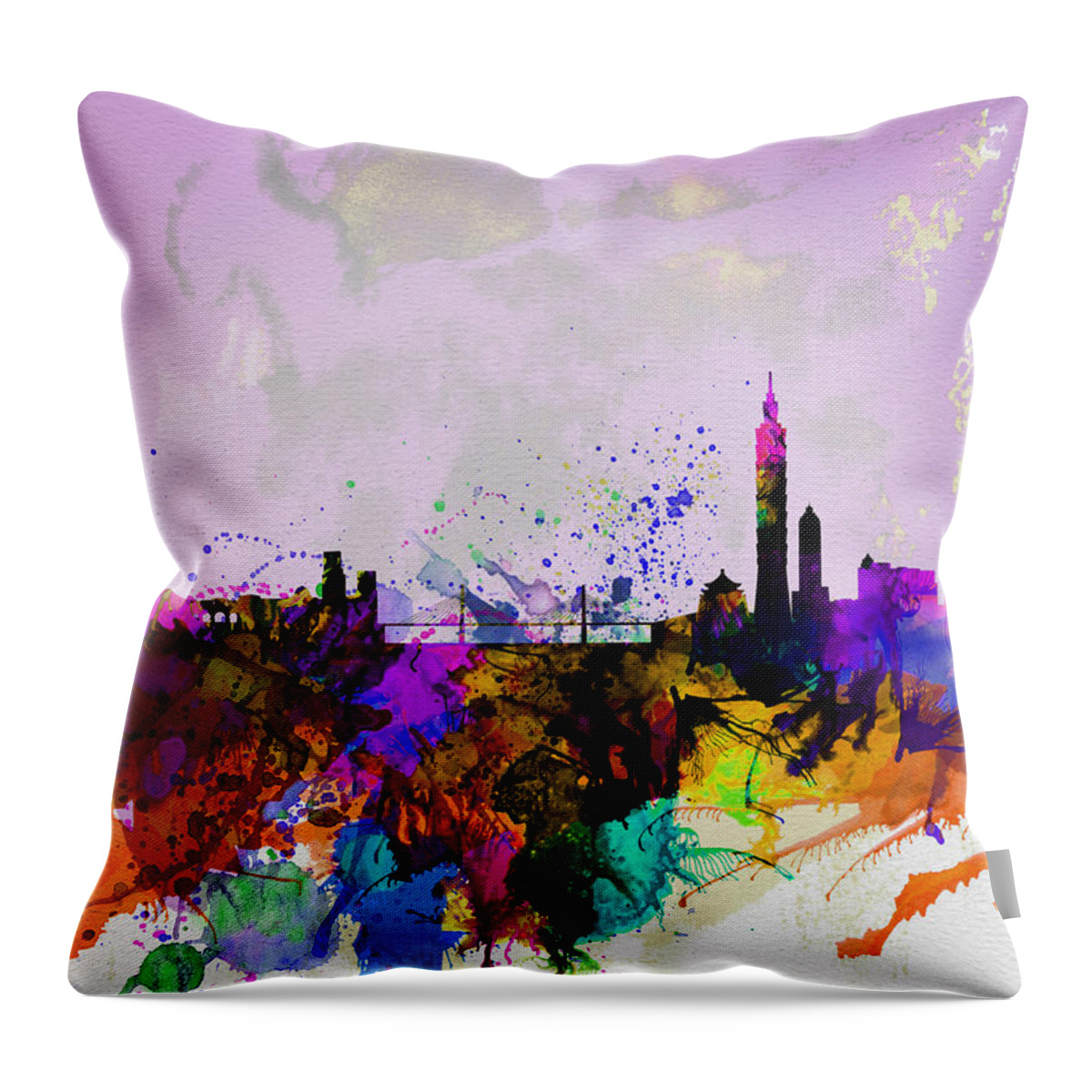  Throw Pillow featuring the painting Taipei Watercolor Skyline by Naxart Studio