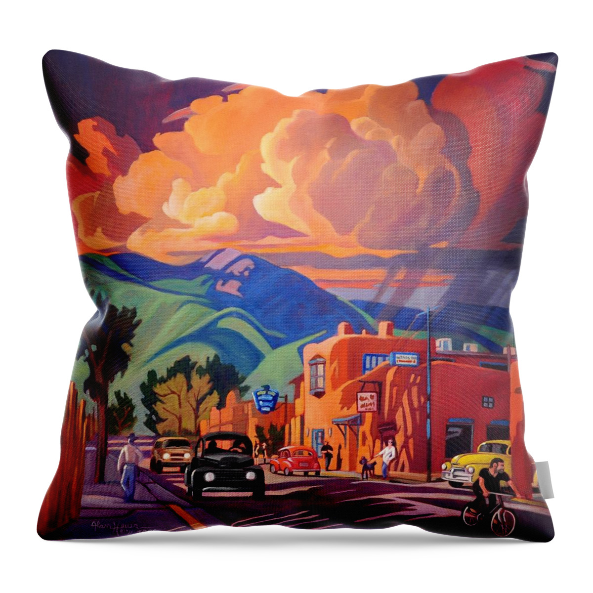 Taos Throw Pillow featuring the painting Taos Inn Monsoon by Art West