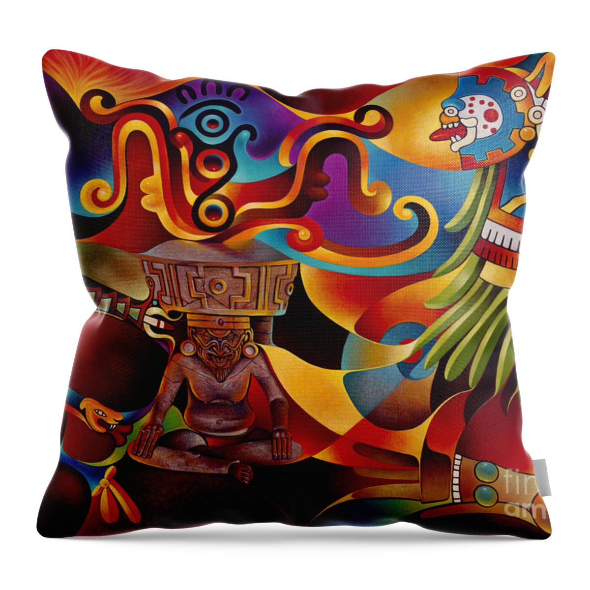 Aztec Throw Pillow featuring the painting Tapestry of Gods - Huehueteotl by Ricardo Chavez-Mendez