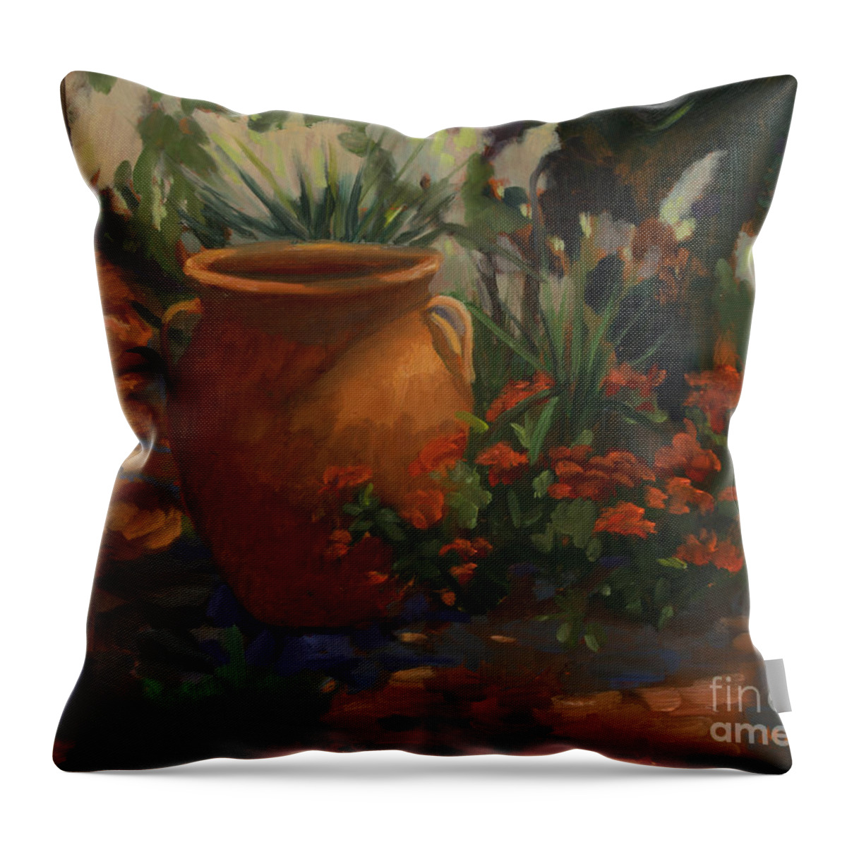 Contemporary Floral Throw Pillow featuring the painting Terra Cotta Garden by Maria Hunt