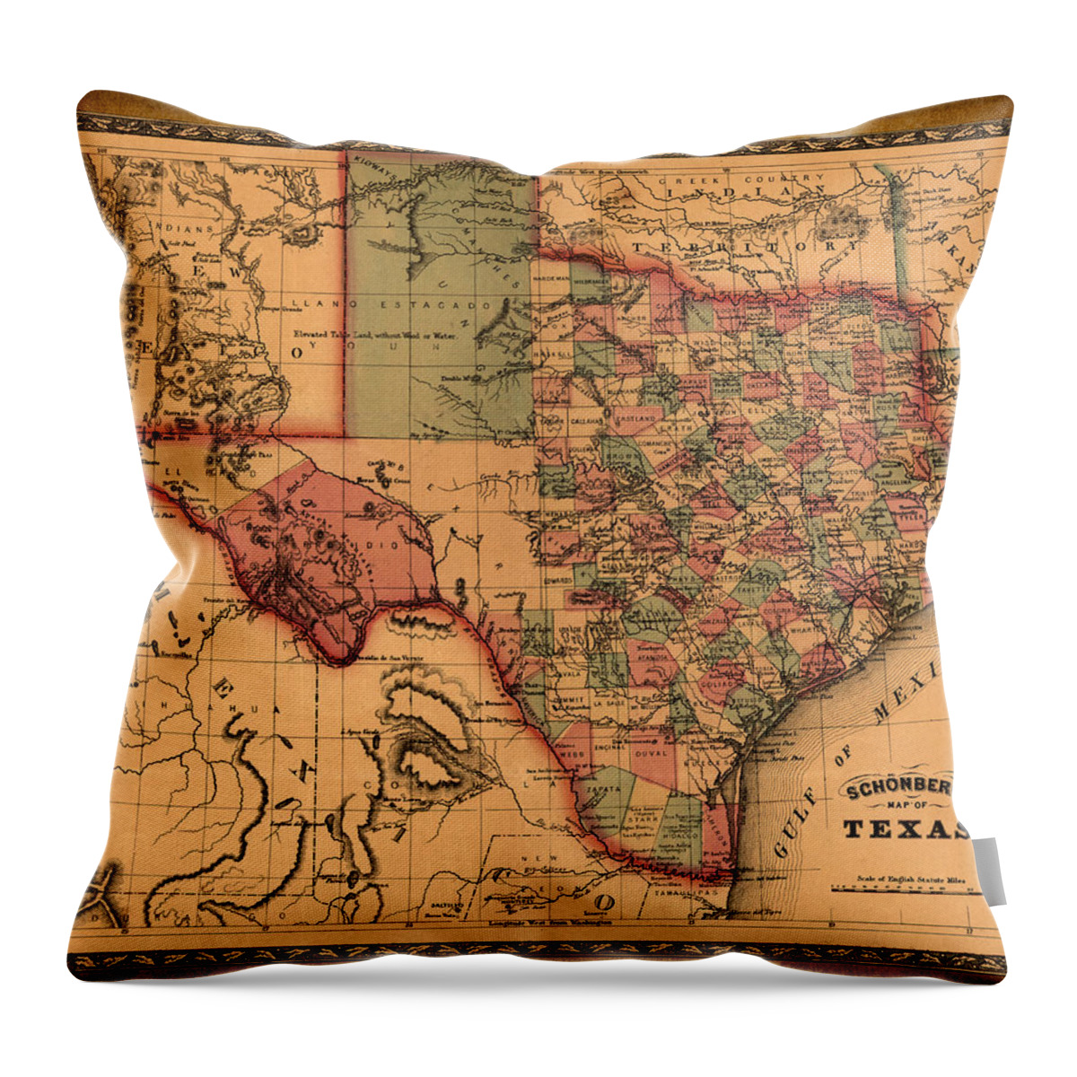 Texas Throw Pillow featuring the drawing Texas Map Art - Vintage Antique map of Texas by World Art Prints And Designs