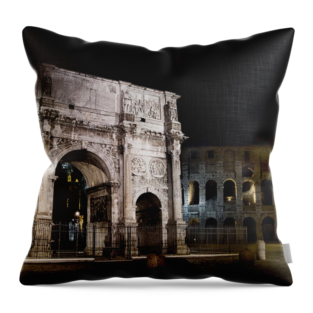 Rome Throw Pillow featuring the photograph The Arch of Constantine and the Colosseum at night by Weston Westmoreland