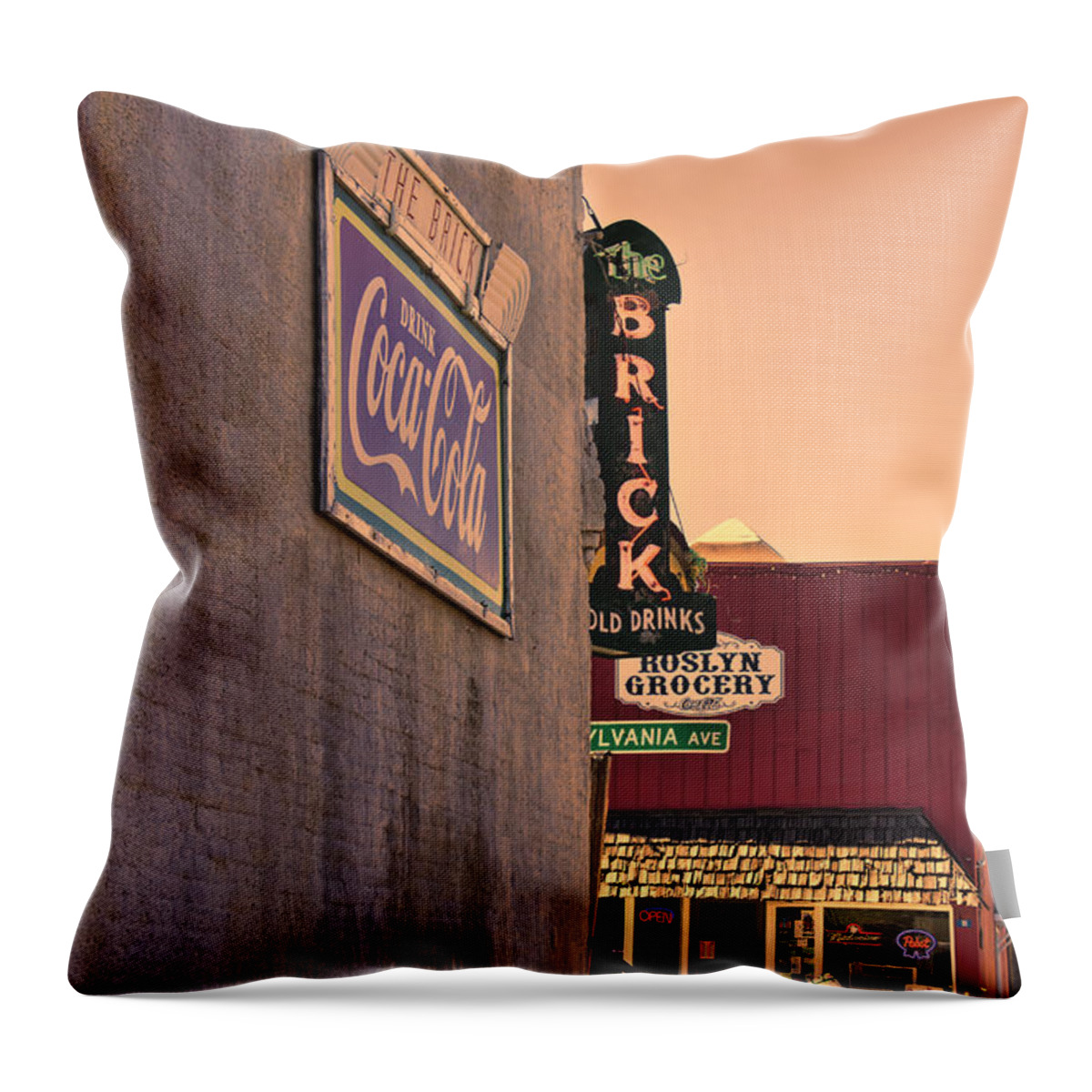 Pub Sign Throw Pillow featuring the photograph The Brick at Sunset by Cathy Anderson