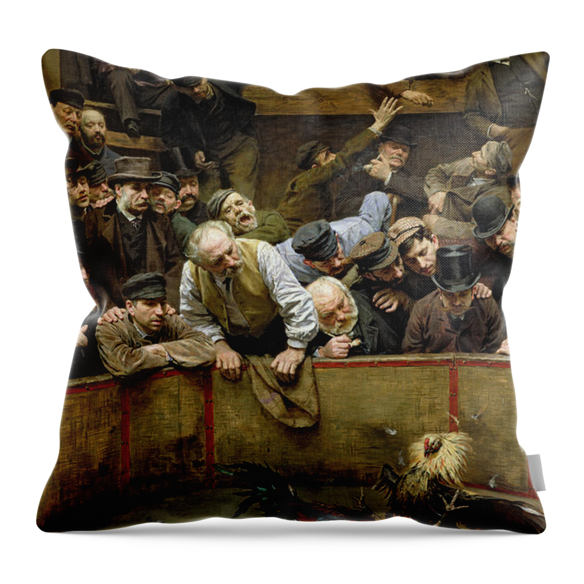 Rooster Throw Pillow featuring the painting The Cockfight by Remy Cogghe