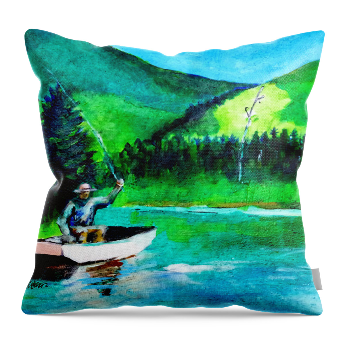 The First Cast Throw Pillow featuring the painting The First Cast by Seth Weaver