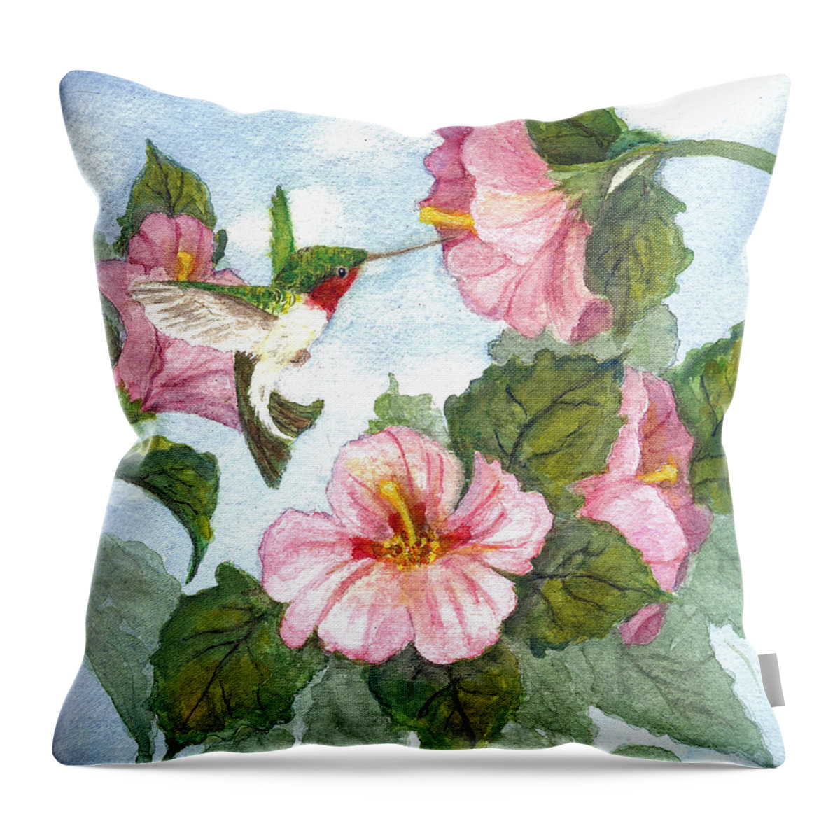 Ruby-throated Hummingbird Throw Pillow featuring the painting The Little Sipper by Marlene Schwartz Massey