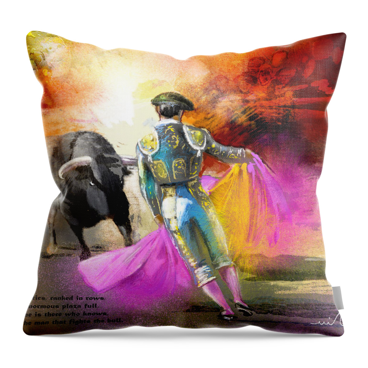 Bulls Throw Pillow featuring the painting The Man Who Fights The Bull by Miki De Goodaboom