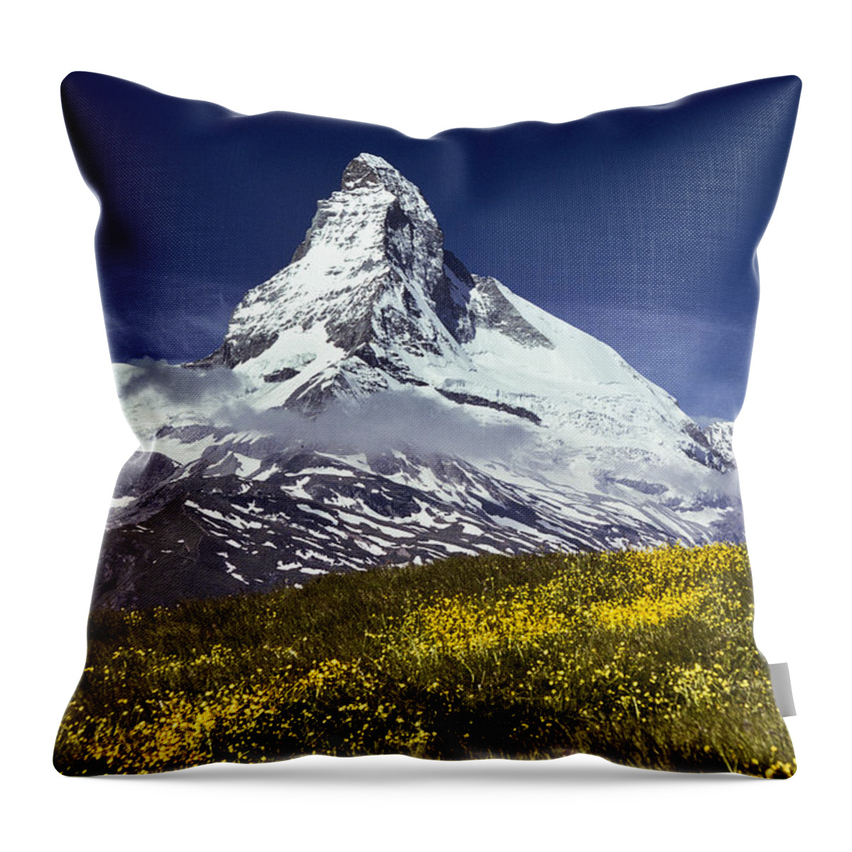 Alpine Throw Pillow featuring the photograph The Matterhorn with Alpine Meadow in Foreground by Jeff Goulden