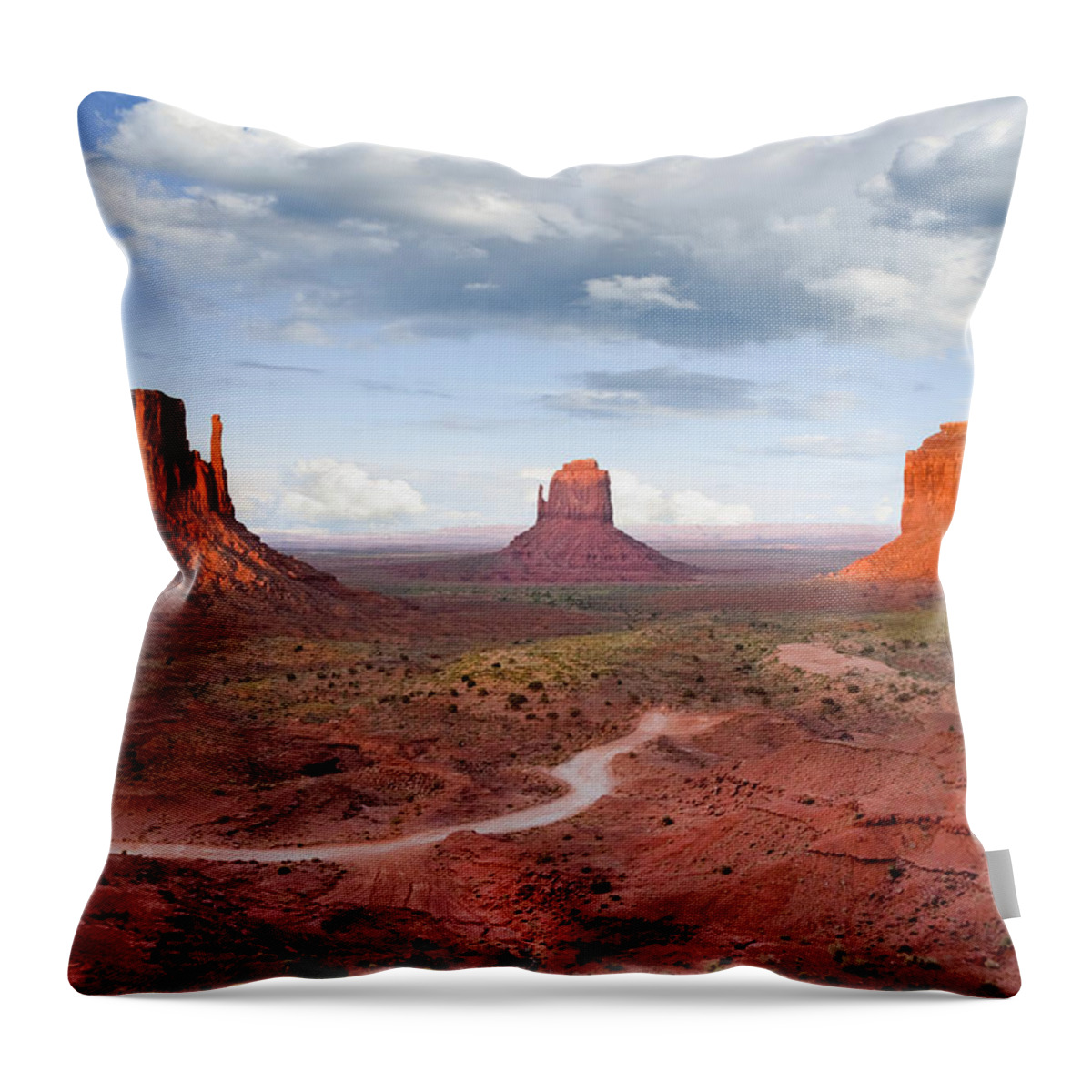 Arizona Throw Pillow featuring the photograph The Mittens and Merrick Butte at Sunset by Jeff Goulden
