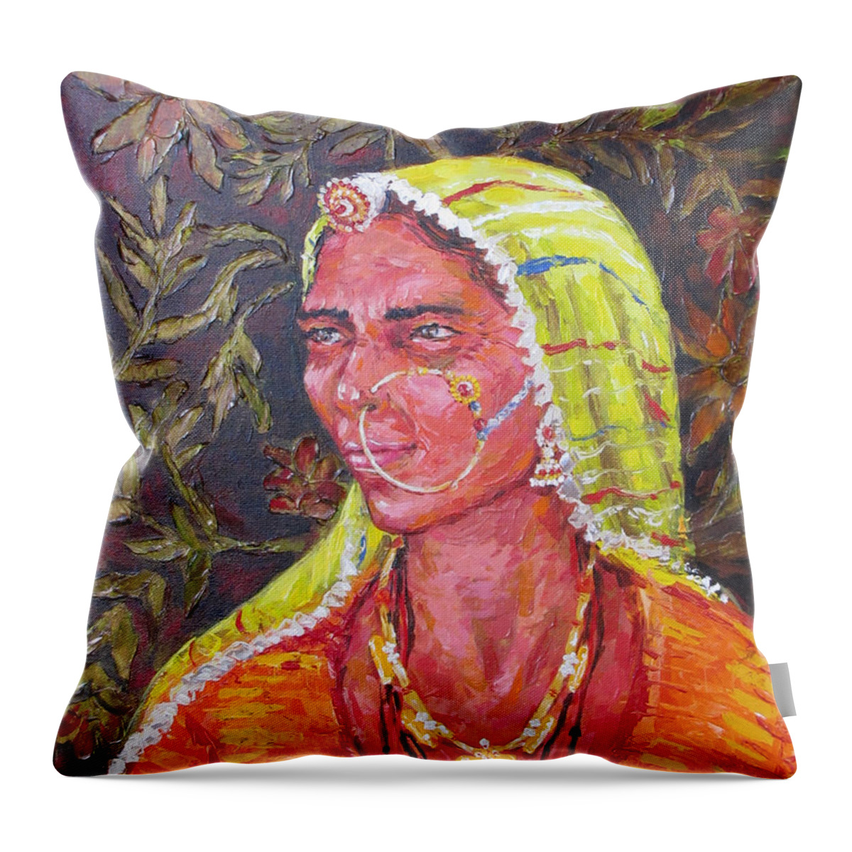 Tribal Woman Throw Pillow featuring the painting The Tribal Woman by Jyotika Shroff