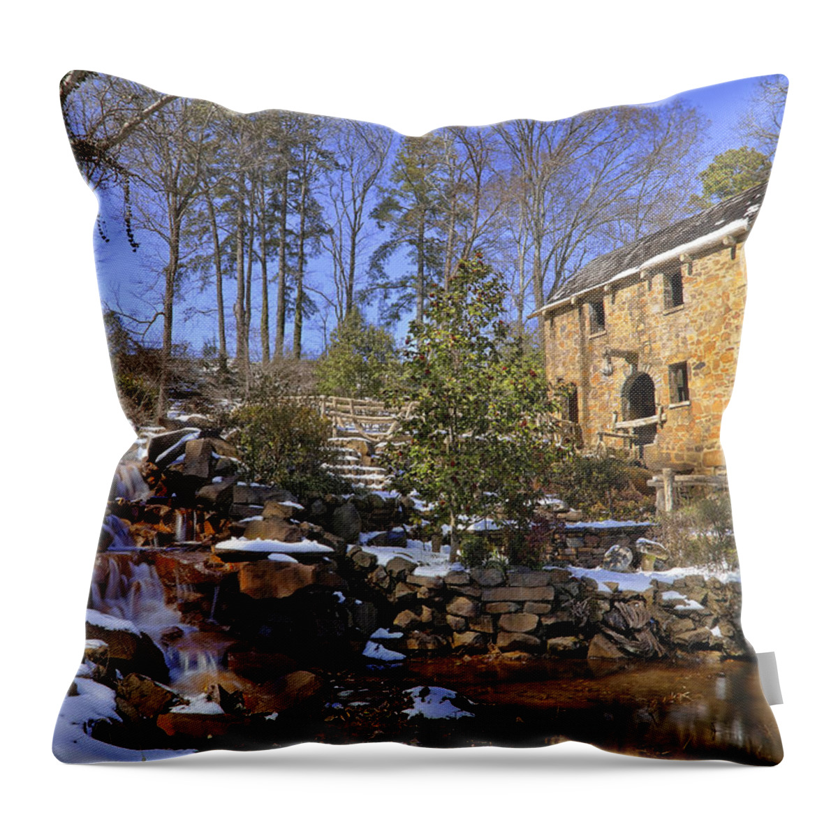 The Old Mill Throw Pillow featuring the photograph The Old Mill in Winter - Arkansas - North Little Rock by Jason Politte