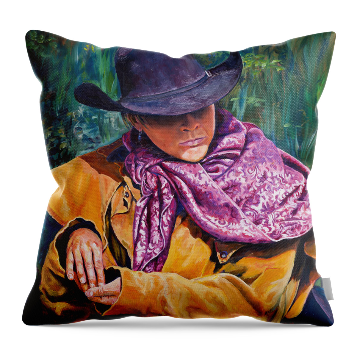 Cowboy Throw Pillow featuring the painting The Purple Scarf by Page Holland