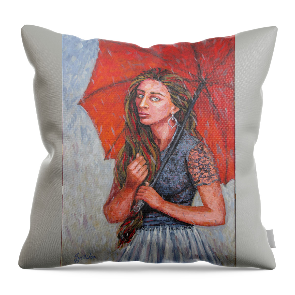 Umbrella Throw Pillow featuring the painting The Red Umbrella by Jyotika Shroff