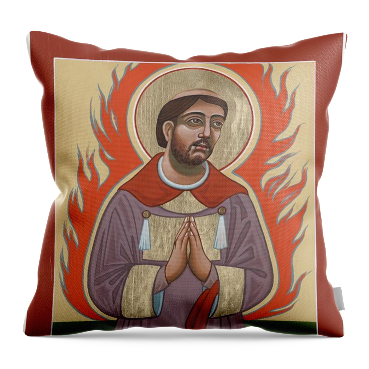 Look Closely At This Image Of San Lorenzo To See The Rough And Carved Wood Of This Retablo. Throw Pillow featuring the painting The Retablo of San Lorenzo del Fuego 253 by William Hart McNichols