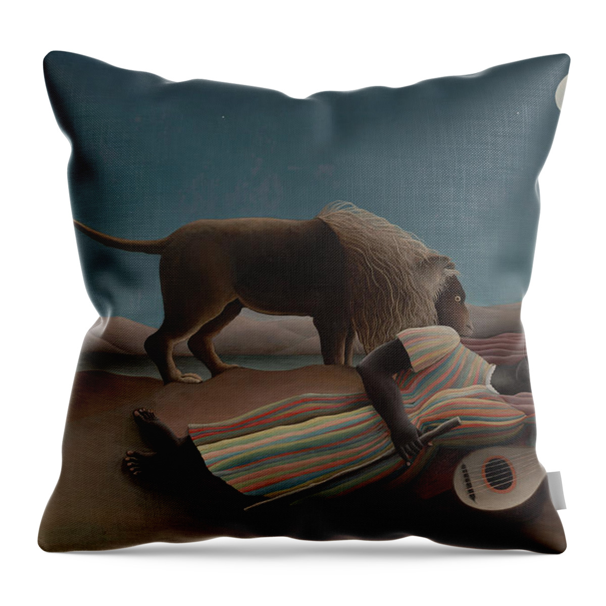 Henri Rousseau Throw Pillow featuring the painting The Sleeping Gypsy by Henri Rousseau