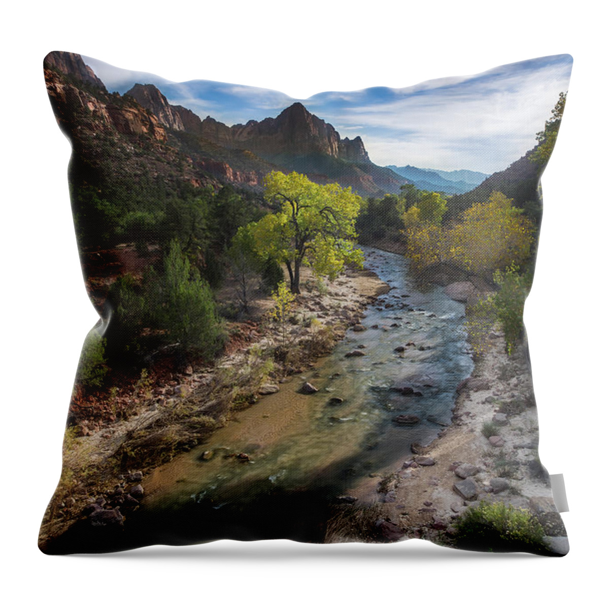  Zion; Zion National Park; Canyon; Clouds; River; Sunset; Trees; Virgin River; Utah Throw Pillow featuring the photograph The Watchman in Zion National Park by Larry Marshall