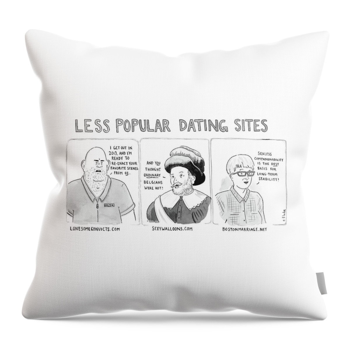 Three Panel Cartoon Of Online Dating Profiles Throw Pillow by Emily Flake -  Fine Art America