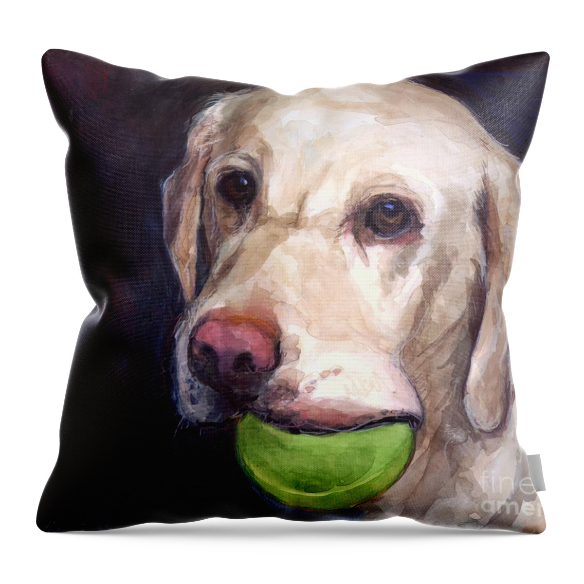 Yellow Labrador Retriever Throw Pillow featuring the painting Throw the Ball by Molly Poole