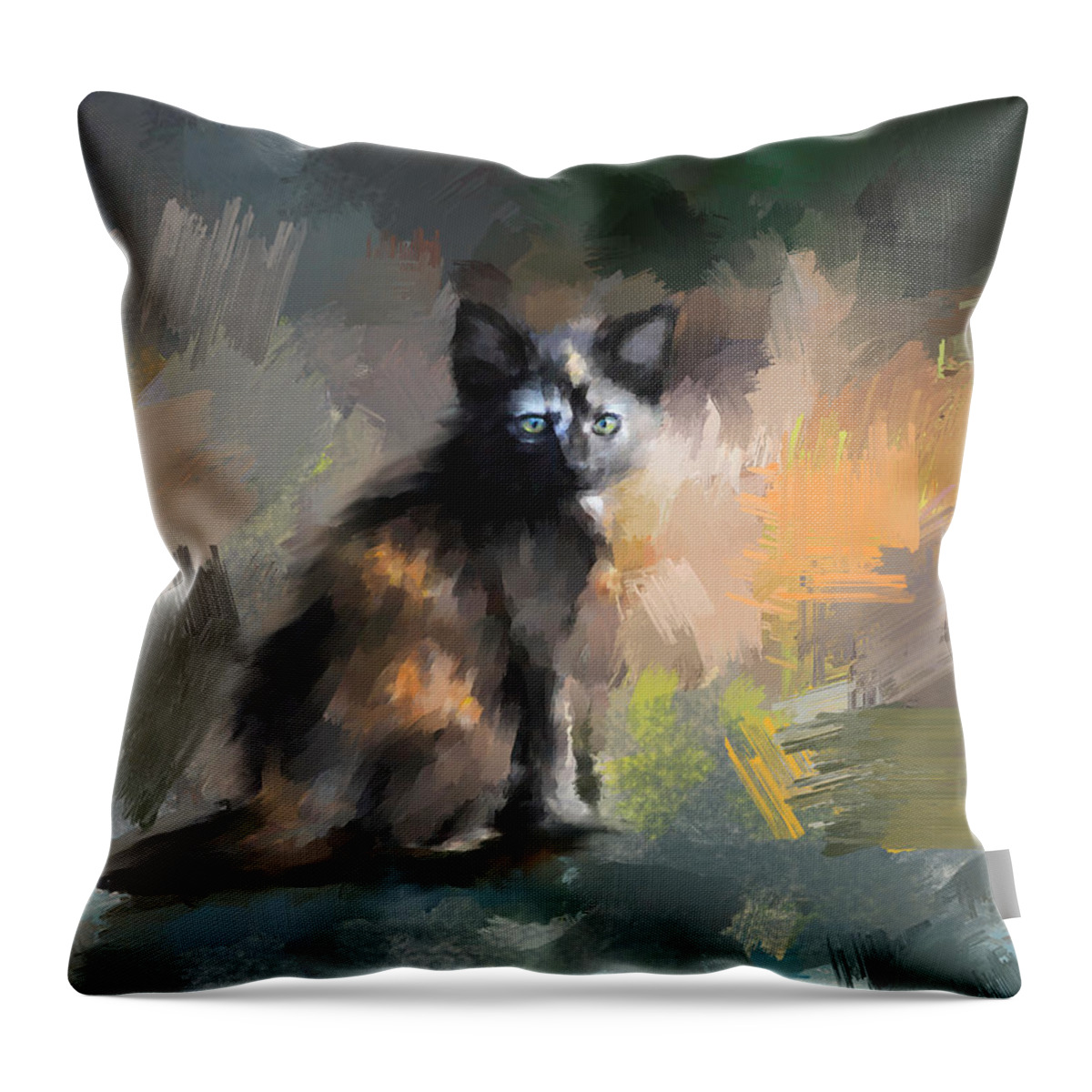 Kitten Throw Pillow featuring the painting Tortoiseshell Kitten #1 by Jai Johnson