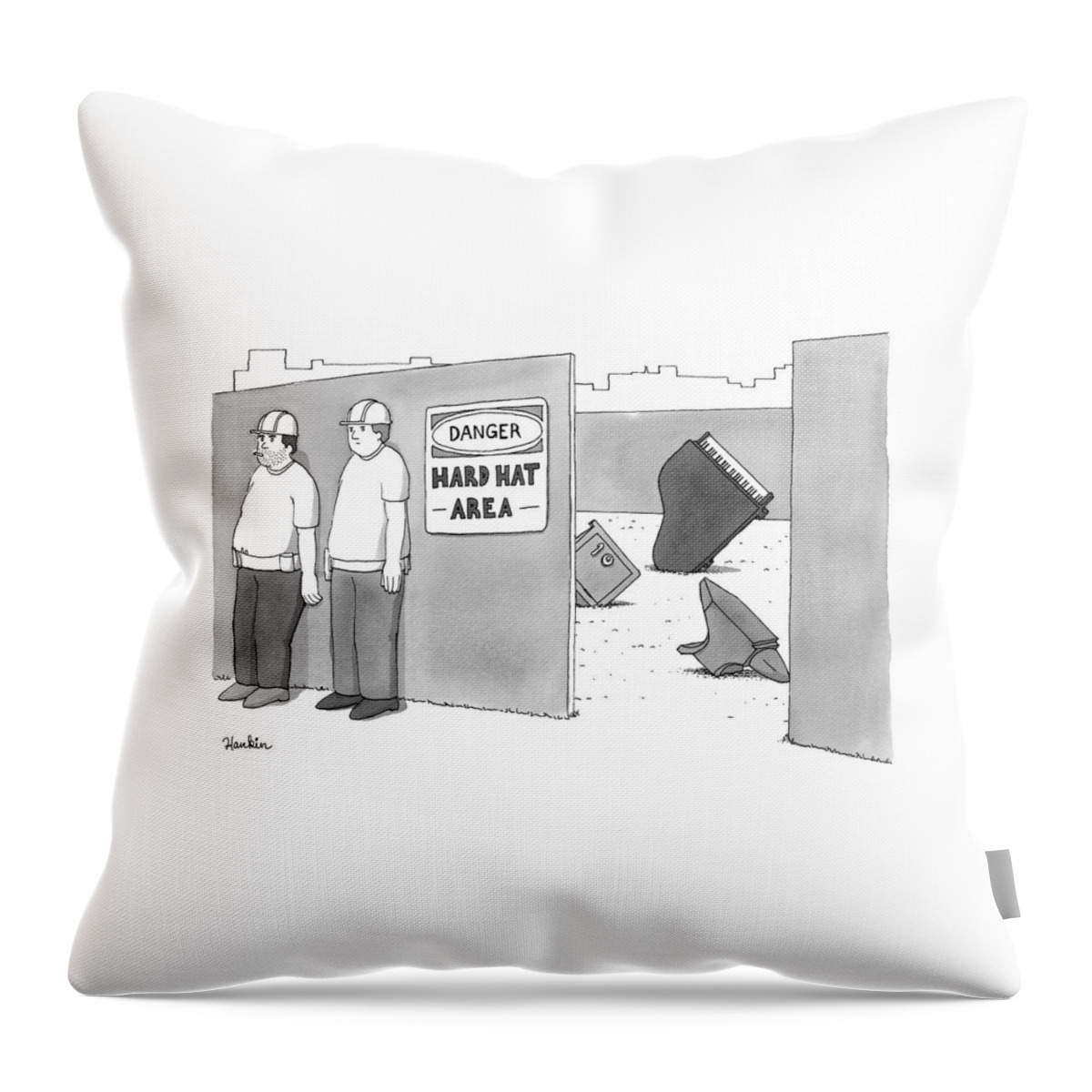 Two Construction Workers Stand Near A Hard Hat Throw Pillow