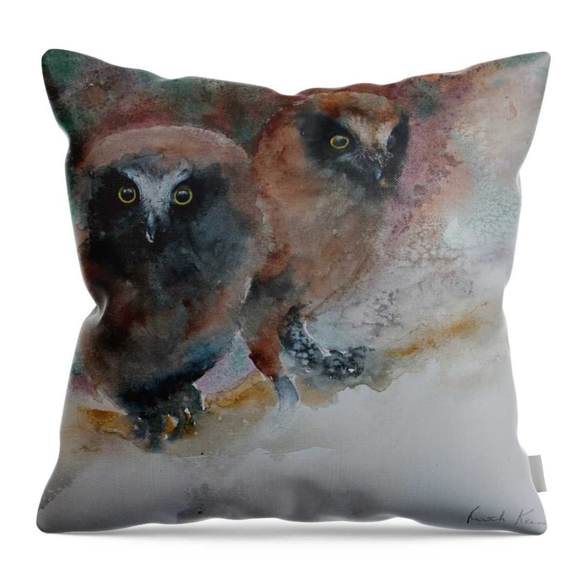 Owls Throw Pillow featuring the painting Two Hoots by Ruth Kamenev
