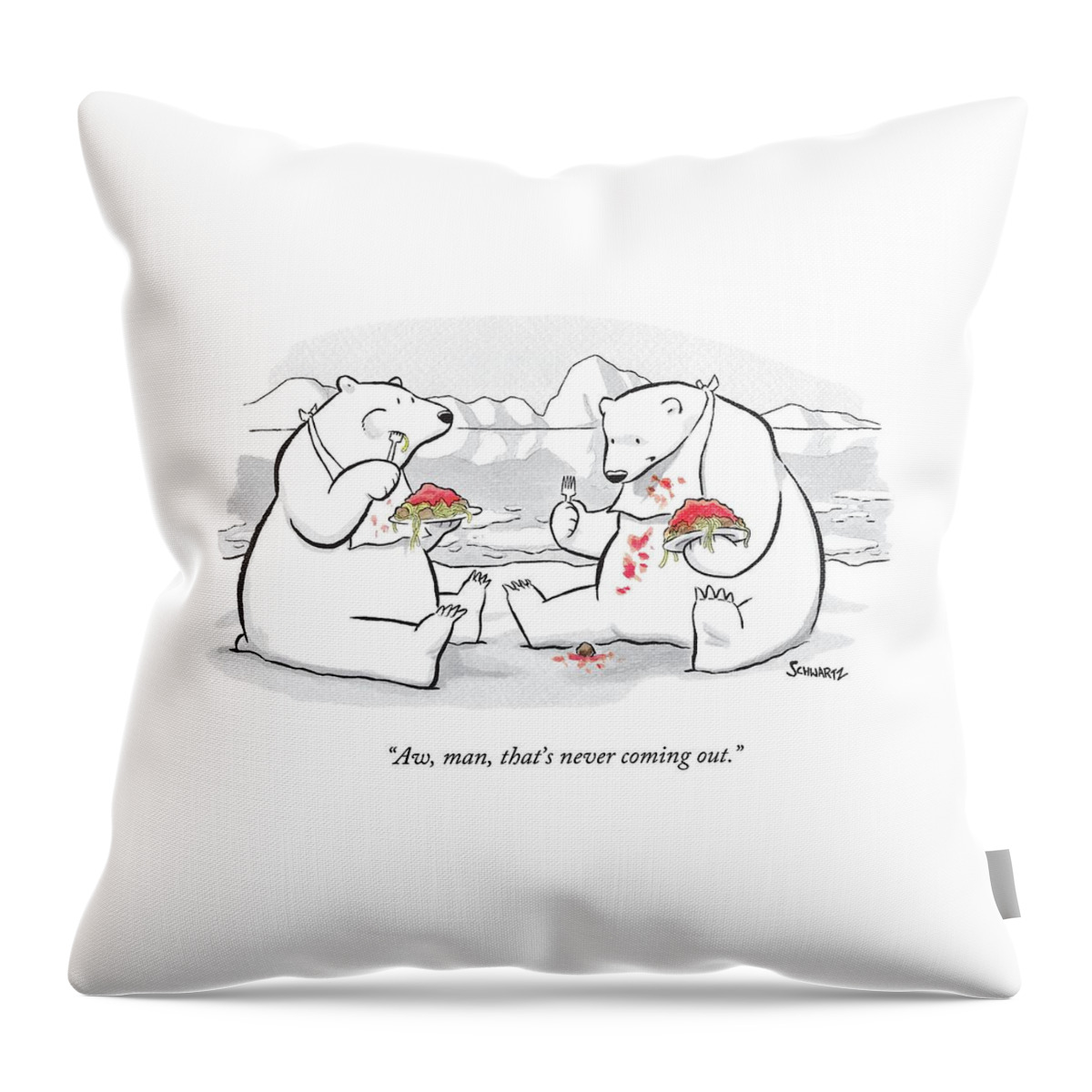 Two Polar Bears Eat Spaghetti And Meatballs.  One Throw Pillow