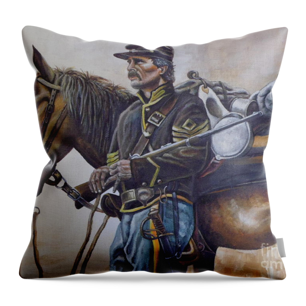 A Union Cavalry Soldier With His Horse And Rifle. The Union Soldier Is A First Sargent Standing Next To His Horse. Throw Pillow featuring the painting Union Cavalry by Martin Schmidt