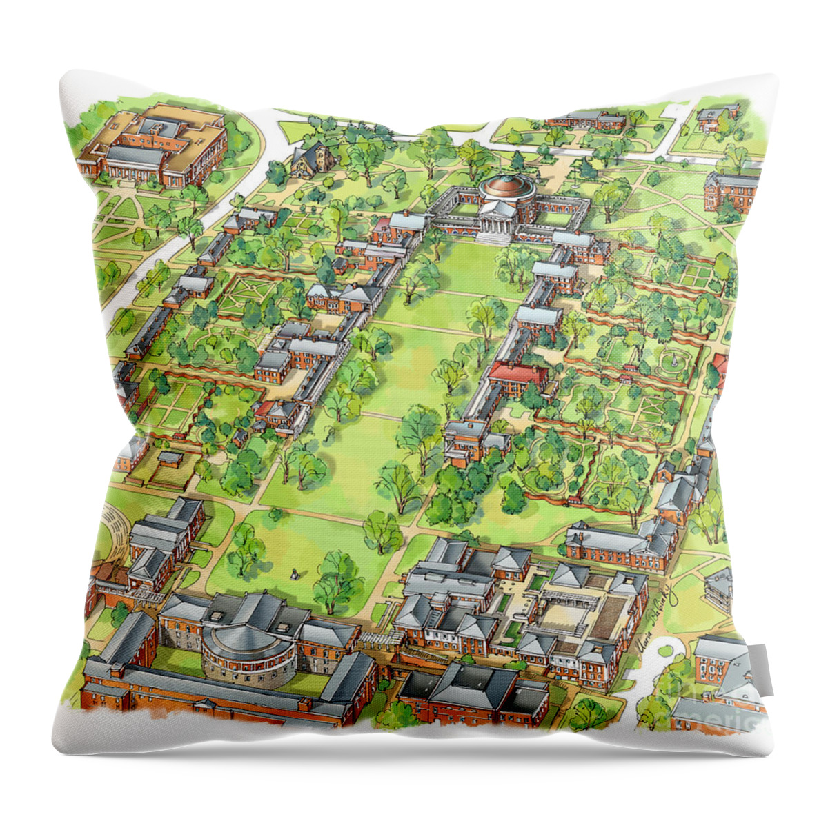 Uva Throw Pillow featuring the painting University of Virginia Academical Village by Maria Rabinky