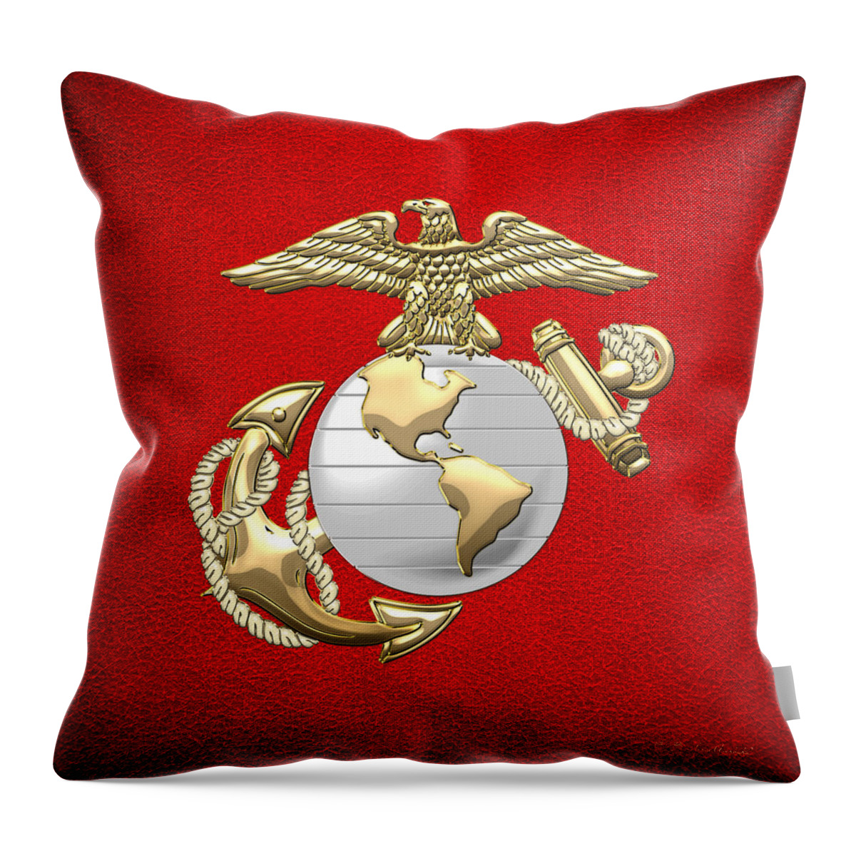 'military Insignia & Heraldry 3d' Collection By Serge Averbukh Throw Pillow featuring the digital art U. S. Marine Corps Eagle Globe and Anchor - E G A on Red Leather by Serge Averbukh