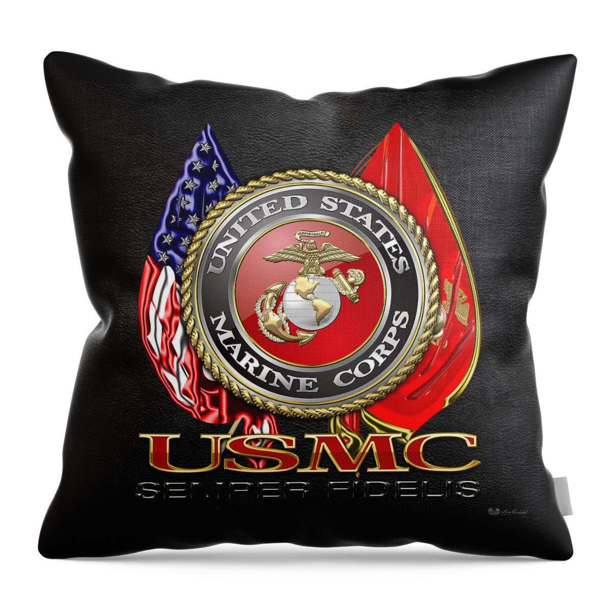 'military Insignia & Heraldry 3d' Collection By Serge Averbukh Throw Pillow featuring the digital art U. S. Marine Corps U S M C Emblem on Black by Serge Averbukh