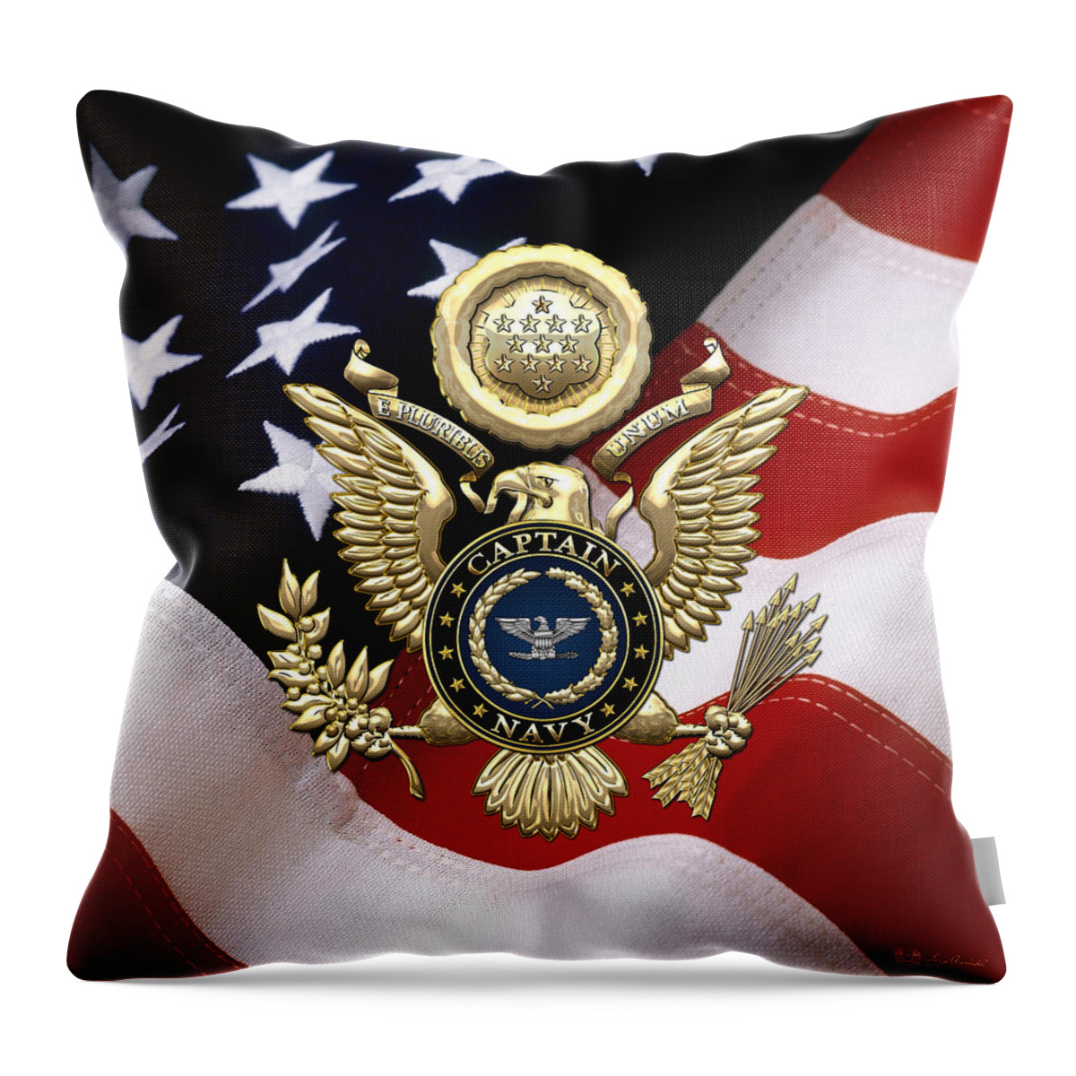 'military Insignia And Heraldry' Collection By Serge Averbukh Throw Pillow featuring the digital art U. S. Navy Captain - C A P T Rank Insignia over Gold Great Seal Eagle and Flag by Serge Averbukh