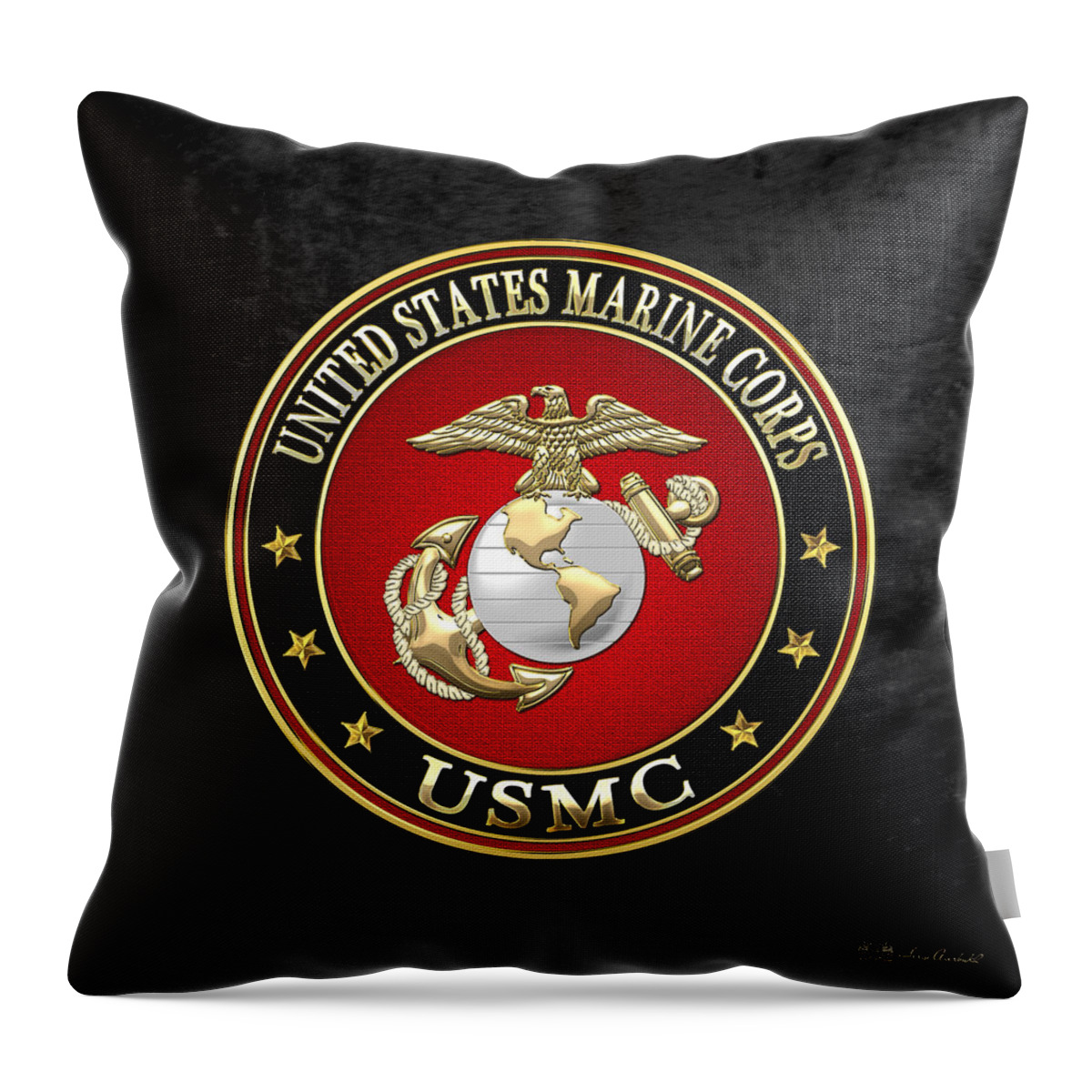 'military Insignia & Heraldry 3d' Collection By Serge Averbukh Throw Pillow featuring the digital art U S M C Eagle Globe and Anchor - E G A on Black Velvet by Serge Averbukh