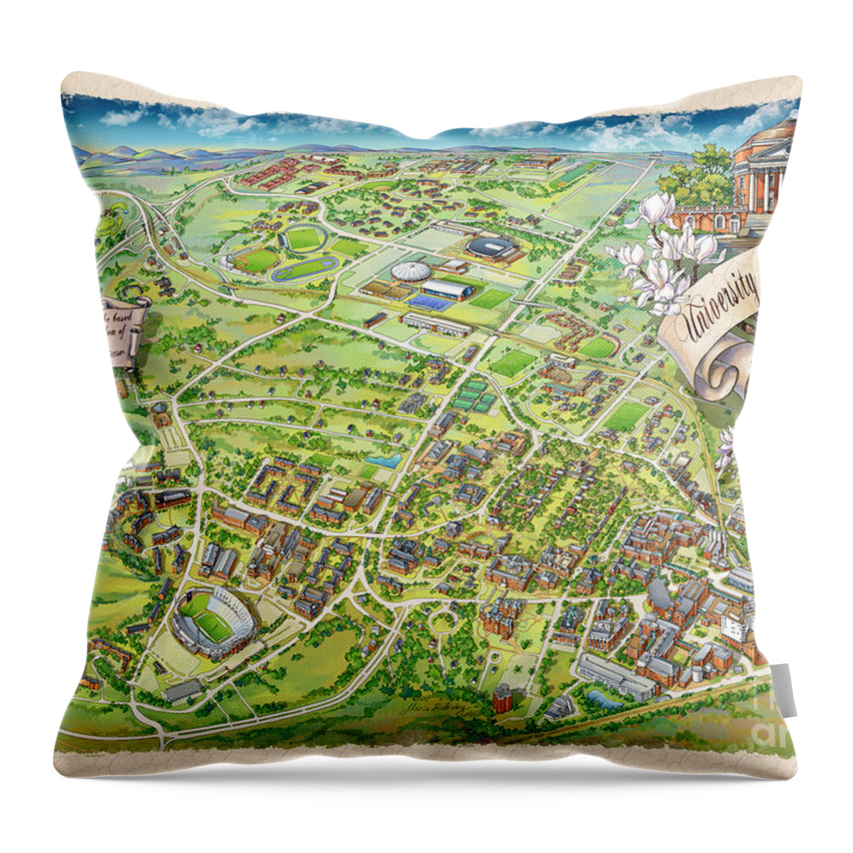 Uva Campus Illustrated Map Throw Pillow featuring the painting UVA Grounds Illustration 2014 by Maria Rabinky